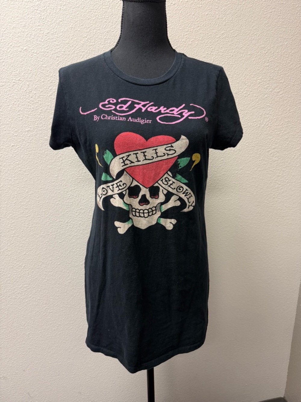 Ed Hardy Skull Heart Graphic Tee Black Love Kills Slowly Y2K Punk Top L - Picture 2 of 11
